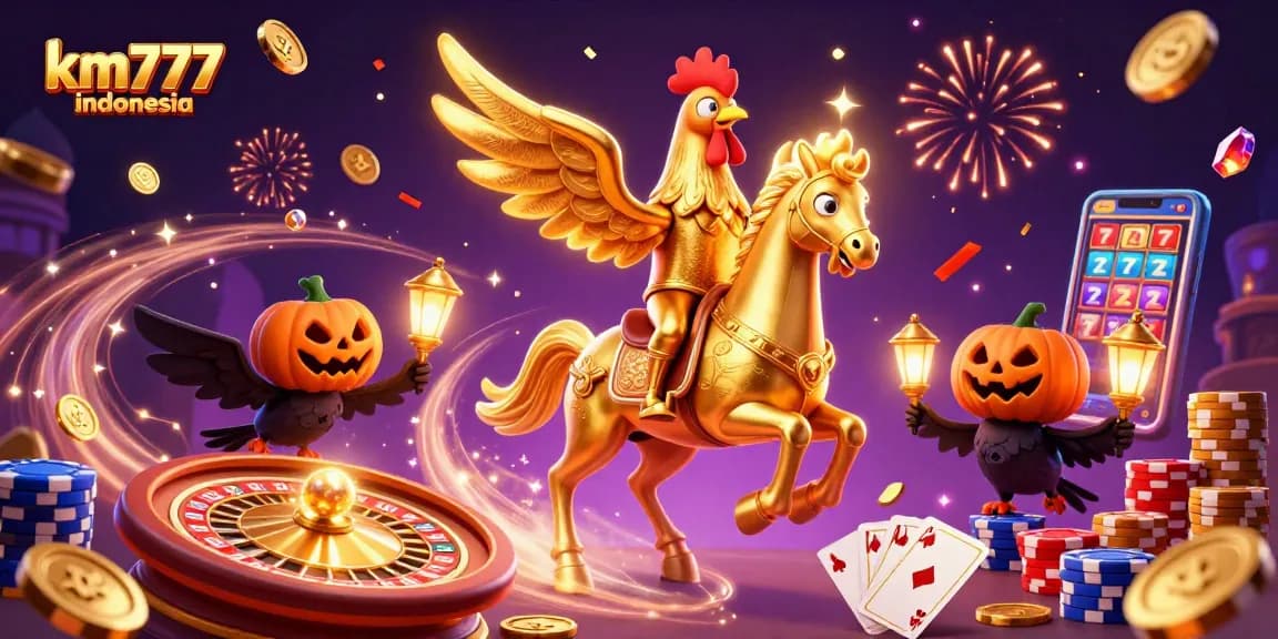 Engage with km777 indonesia's dynamic casino scene featuring a golden rooster and vibrant gambling elements.