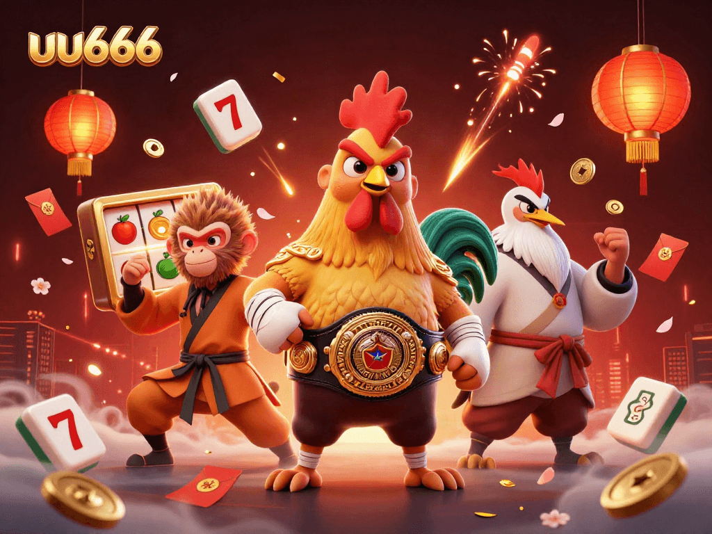 uu666 offers a vibrant 3D illustration featuring a Muay Thai rooster, Shaolin monkey, and wise crane in a casino setting.