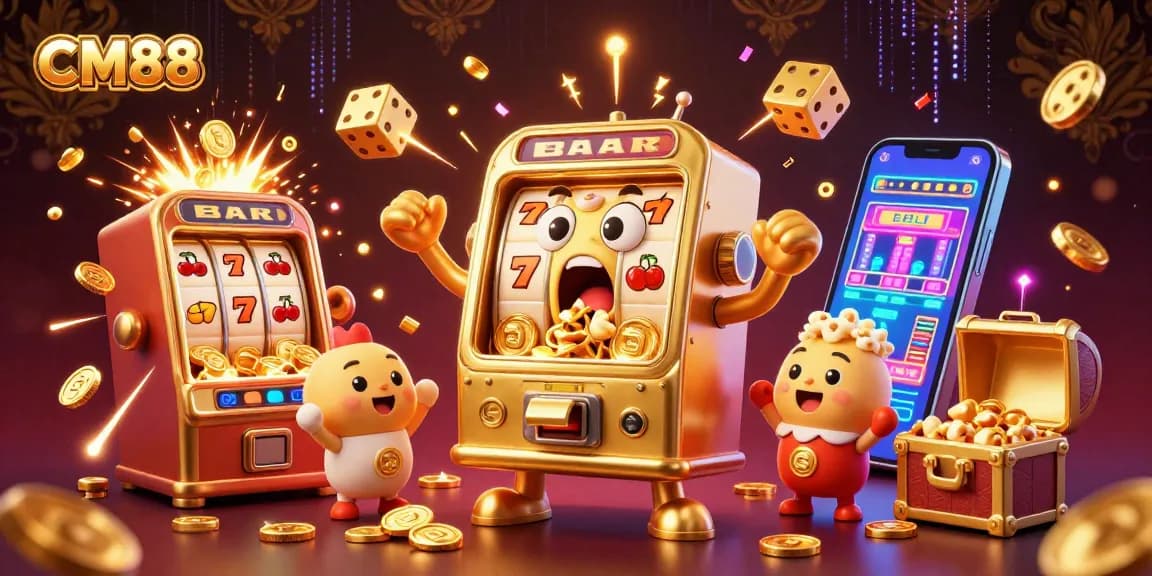 Experience CM88’s thrilling jackpot explosion with vibrant slot machines, coins, and energy effects in this dynamic 3D artwork.