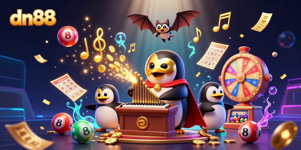 Engage with dn88's vibrant gaming atmosphere featuring a penguin organist shooting golden coins in a dynamic setting.