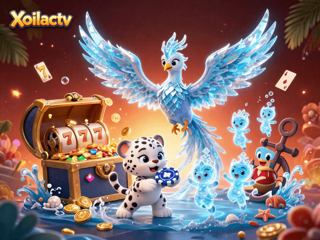 Xoilactv immerses players in an exciting casino scene with an ice phoenix and action-packed gaming elements.