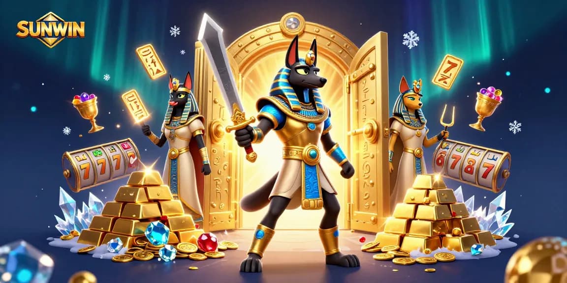 SUNWIN offers a rich visual of Anubis and Bastet amidst casino treasures and dynamic slot elements.