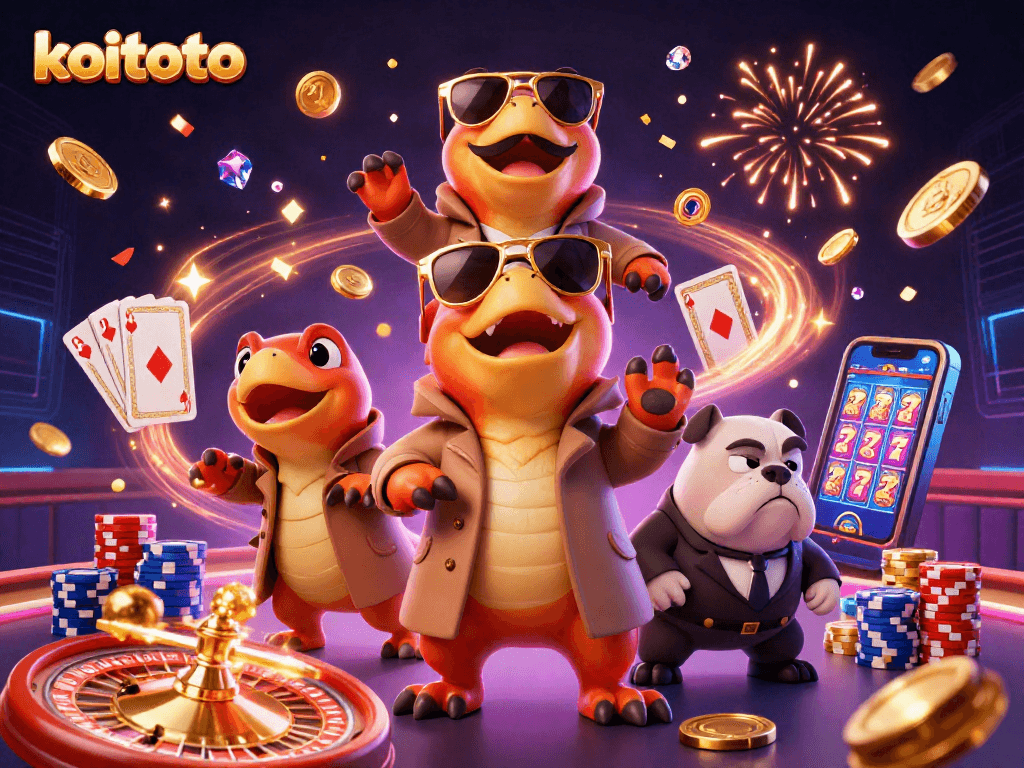 Win big with koitoto at the VIP casino lounge, featuring a playful raptor scene.