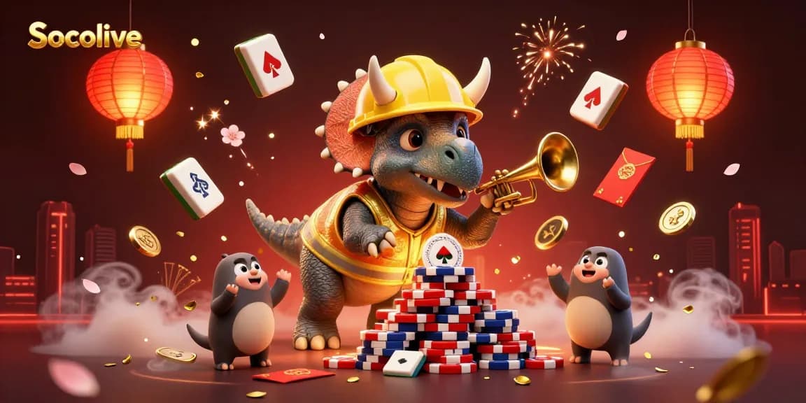 Socolive celebrates with a vibrant 3D cartoon illustration showcasing a triceratops building poker chip pyramids amidst festive elements.