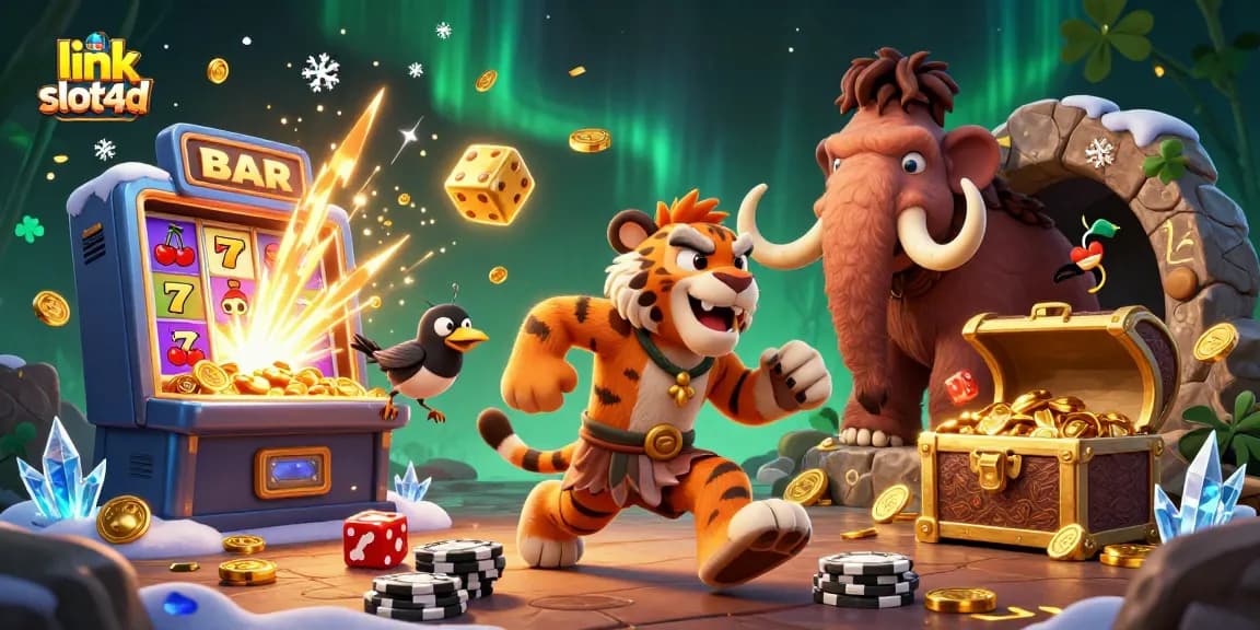 Menangkan jackpot di link slot4d dengan ilustrasi kasino prasejarah yang penuh warna dan seru.