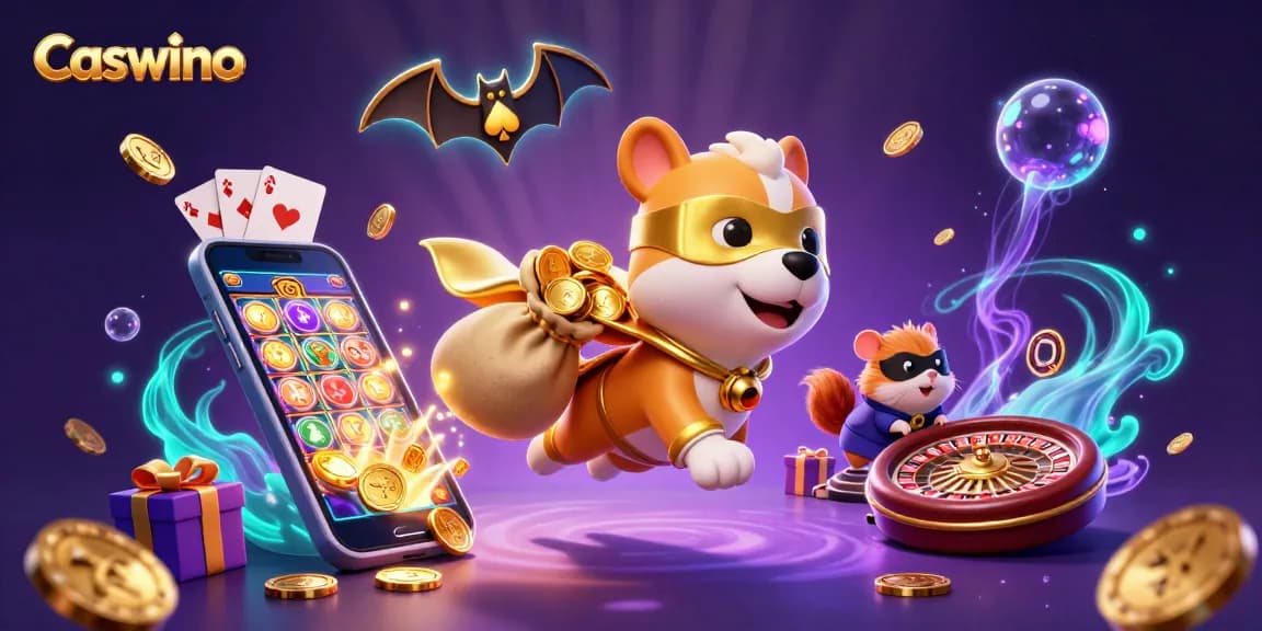 Play colorful slot games and win with Caswino while a superhero dog and hamster fly above.