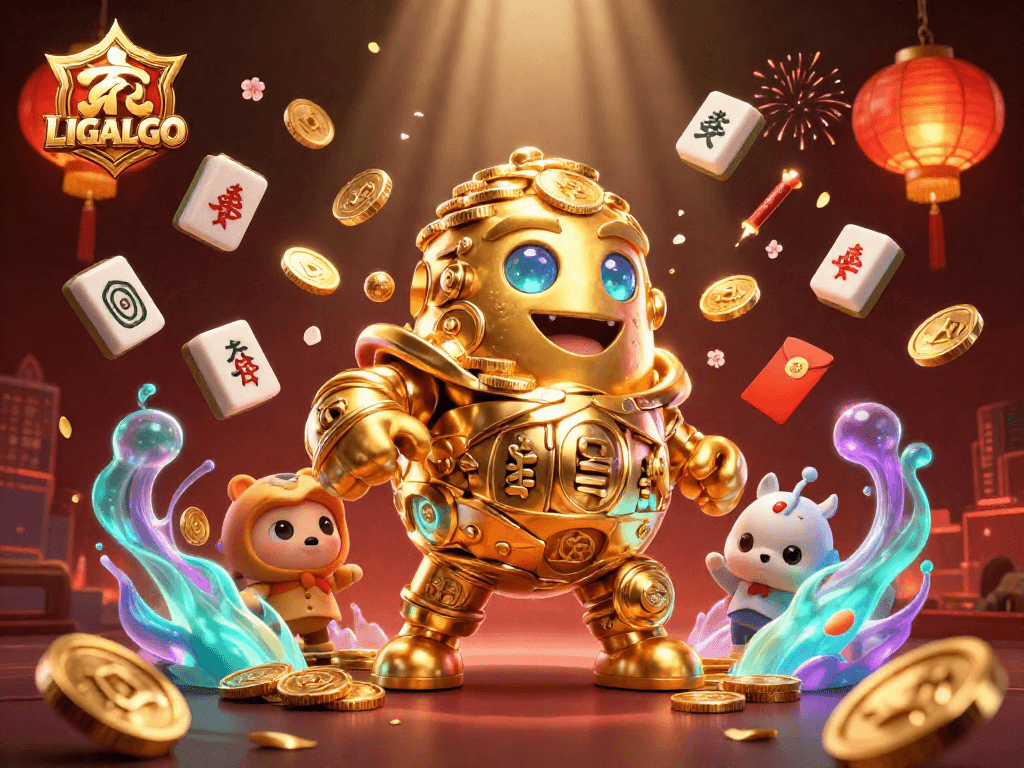 LIGALGO's vibrant casino scene featuring a golden golem amidst thrilling game elements