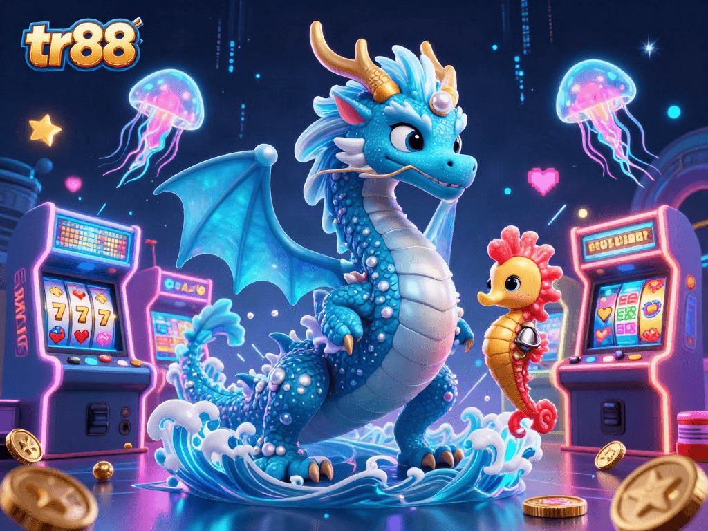 tr88 Enter the vibrant world of gaming with a dynamic scene featuring a dragon, knight, and jellyfish.