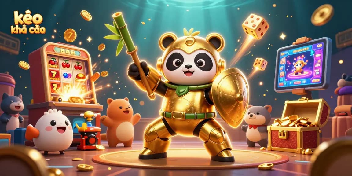 Bet on kèo nhà cái with a colorful 3D illustration of a panda in a mech-suit amidst vibrant casino elements.