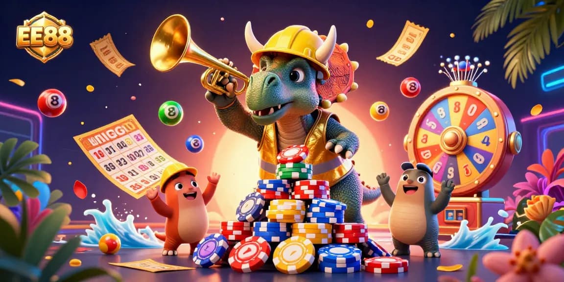 EE88 celebrates with a vibrant 3D illustration showcasing fun casino gaming elements, exciting for gamblers.
