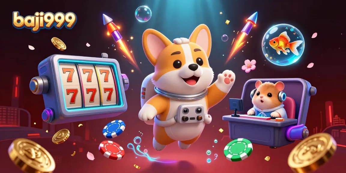 Experience gaming thrills with baji999 as a cartoon astronaut corgi explores a vibrant casino in space.