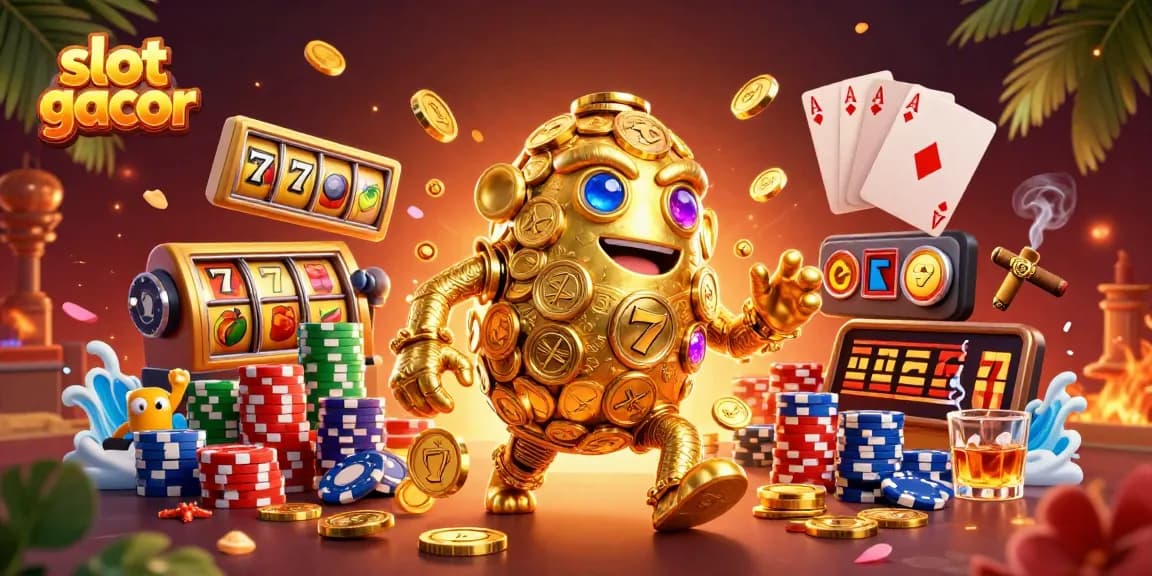 Slot gacor menampilkan golem emas yang dikelilingi simbol slot dan chip poker warna-warni.