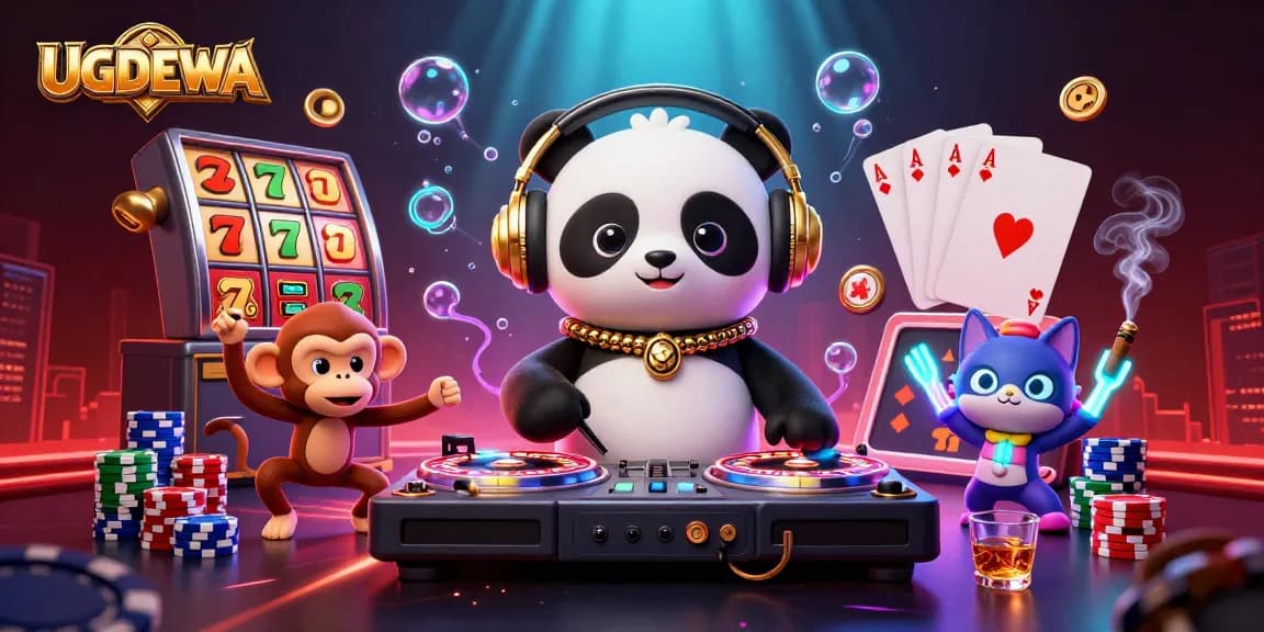 Experience the excitement at UGDEWA with a dynamic 3D illustration featuring lively casino characters and vibrant gaming elements.