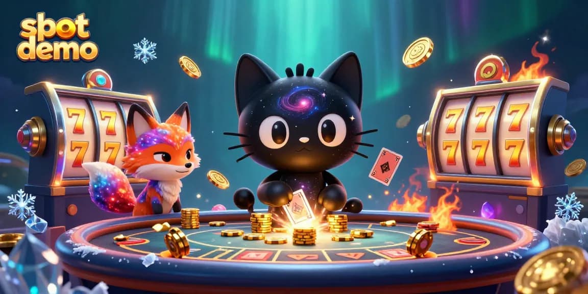 Menampilkan slot demo dengan karakter kucing lubang hitam dan rubah nebula di kasino, menarik koin emas.
