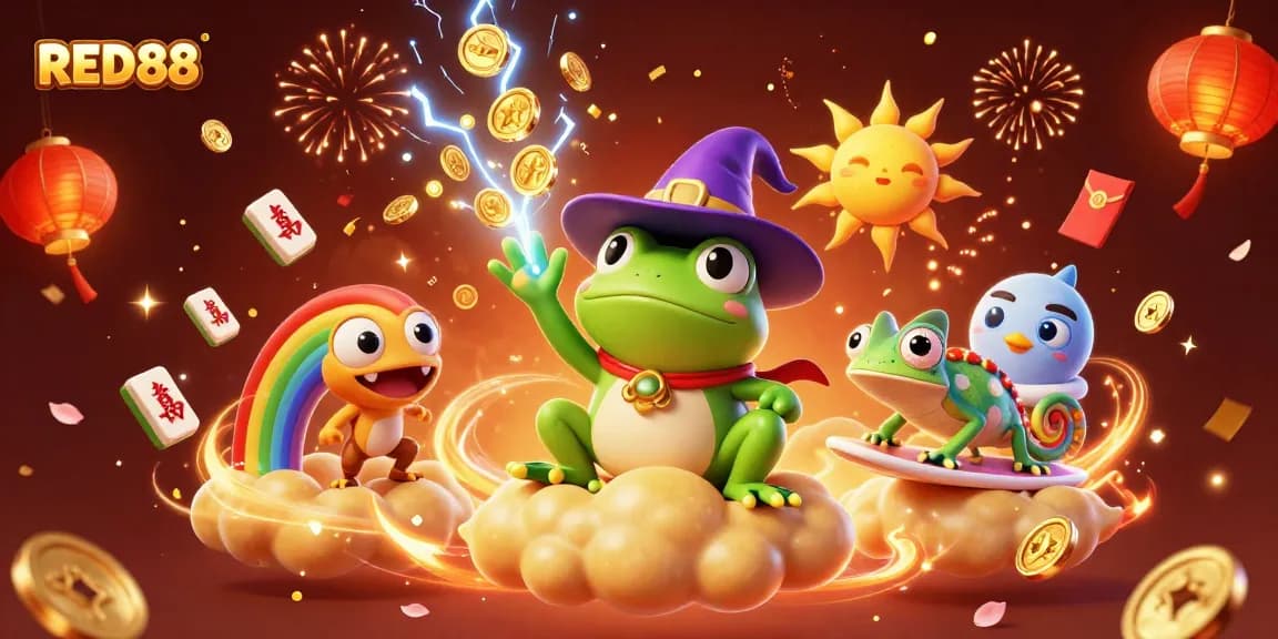 Experience RED88 with a vibrant 3D illustration showcasing gambling excitement and fortune.