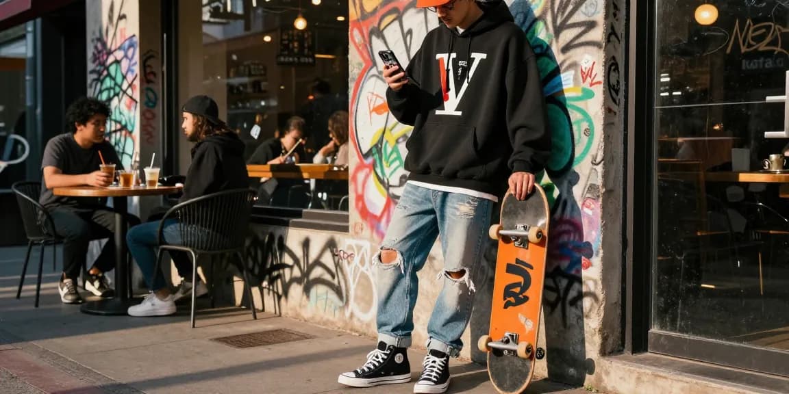 Vlone.co stylish streetwear fashion scene featuring oversized hoodies and urban culture.