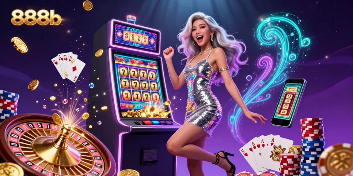 Experience winning moments at 888b with a dazzling slot machine celebration featuring coins and lights.