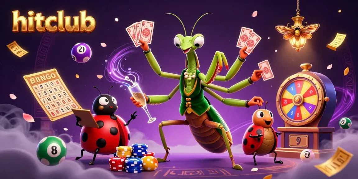 Experience the vibrant world of hitclub with this lively casino scene featuring a giant praying mantis card sharp and dynamic lottery elements.