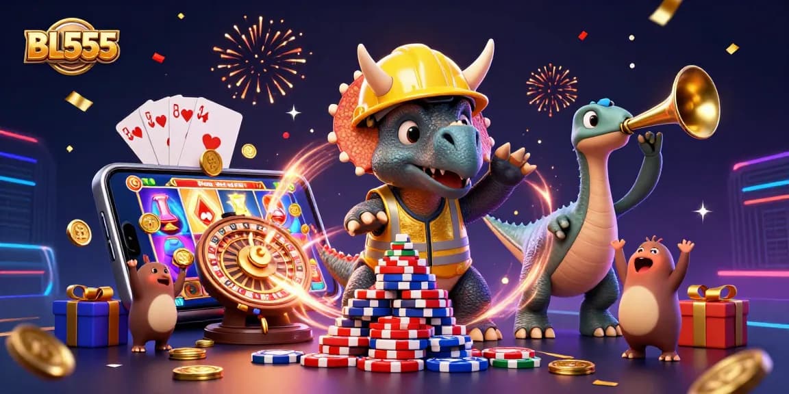 Engage with BL555's thrilling casino experience featuring vibrant characters and casino elements.