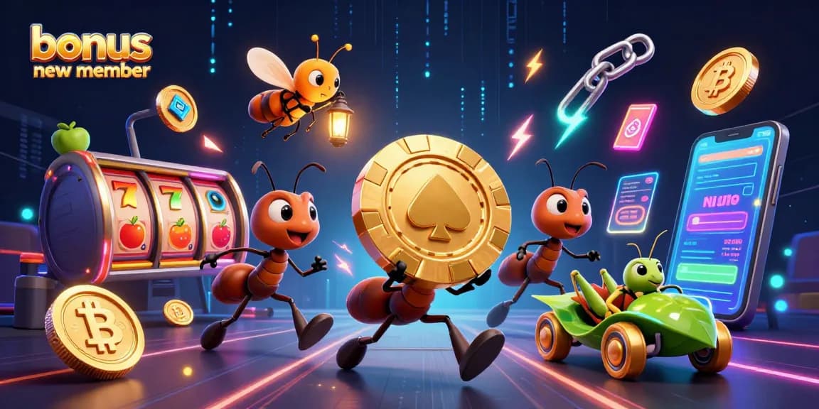 Engage with our bonus new member offer as ants navigate a casino heist in a vibrant illustration.