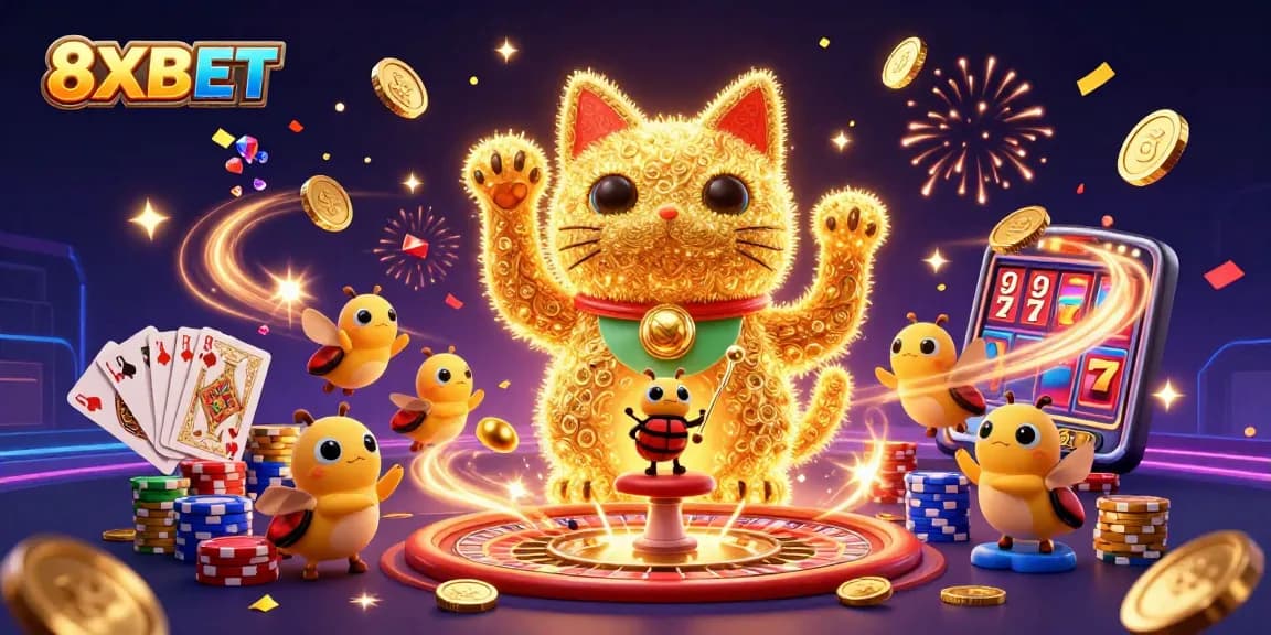 Engage with the 8XBET experience through a magical illustration of vibrant casino elements and a lucky cat.