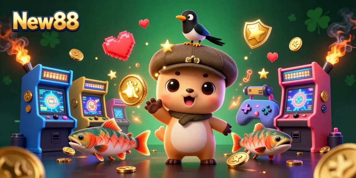 Engage in exciting gameplay with New88's dynamic casino scene featuring playful characters and vibrant arcade elements.