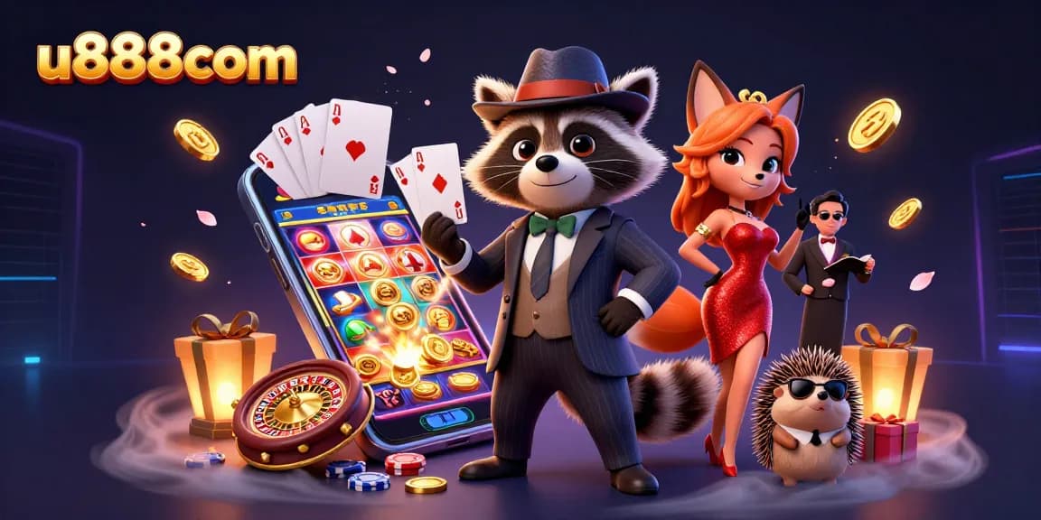 Play slots and win with u888com featuring raccoon in suit, fox lady, and bouncer in an exciting casino scene.