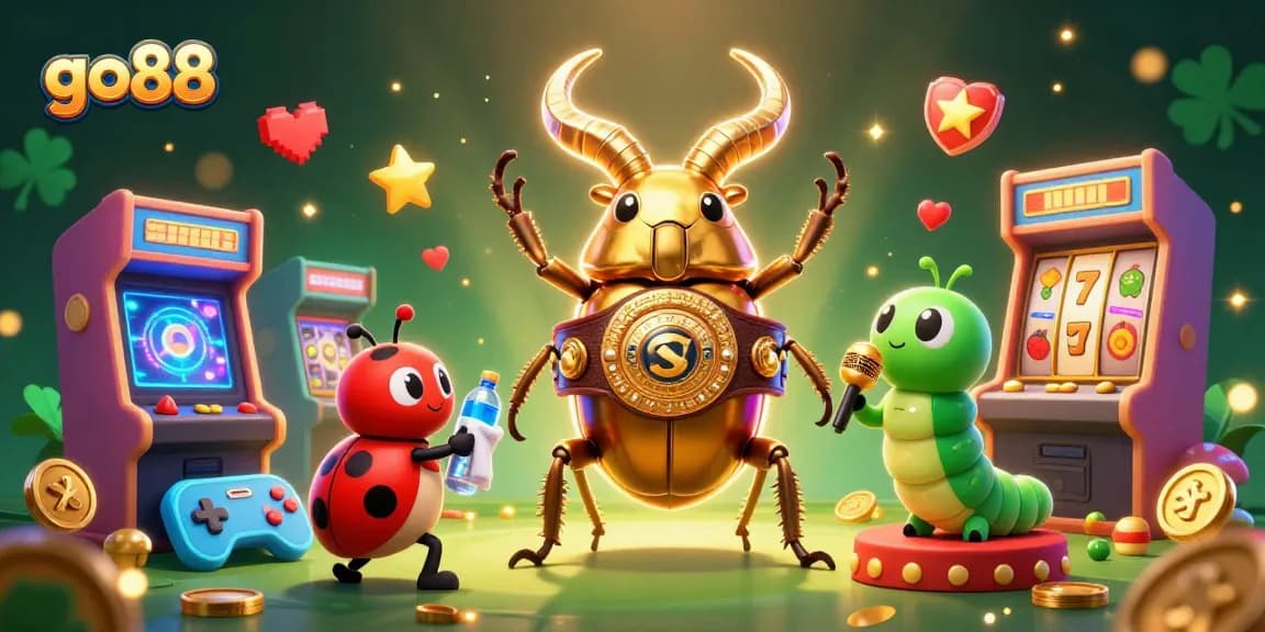 Experience the excitement of go88 as a golden stag beetle battles in a vibrant casino universe.
