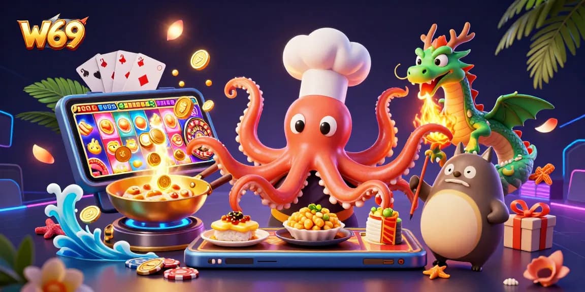 Experience winning slots with W69 in an ultra-detailed 3D casino scene filled with unique characters.