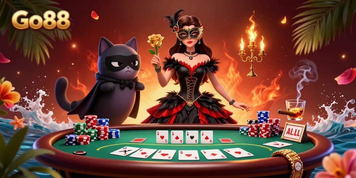 Engage with Go88's vibrant casino world, featuring poker chips, a winning hand, and exciting gameplay elements.