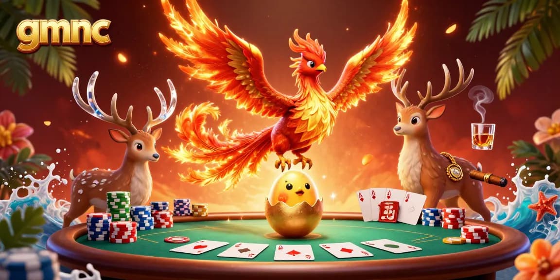 Experience the thrill of gmnc with a fiery phoenix scene filled with vibrant poker elements.