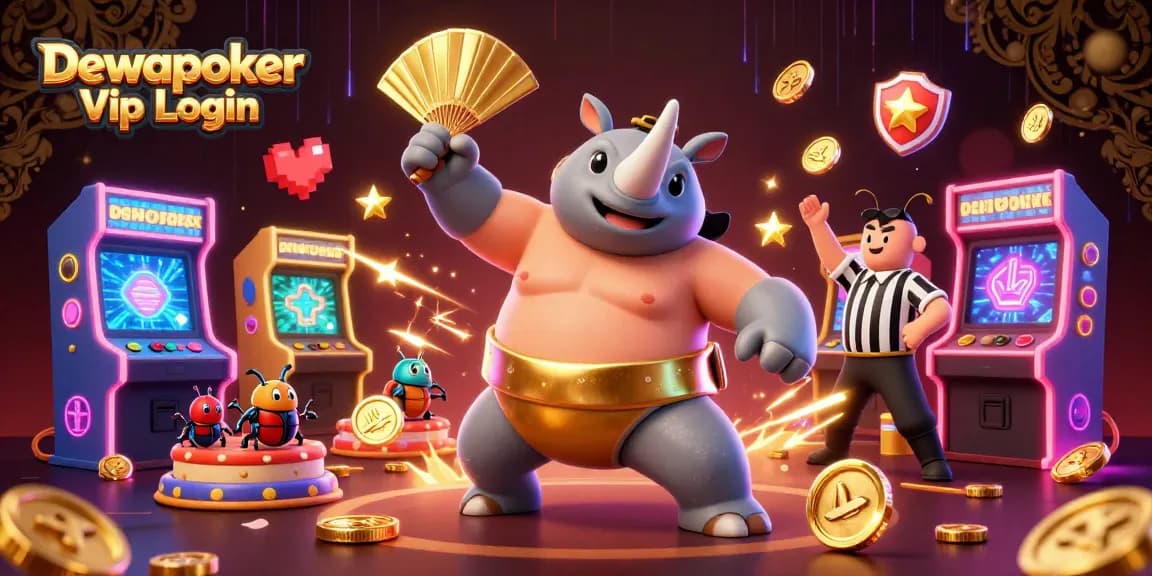 Dewapoker Vip Login brings excitement with a rhinoceros beetle champion amid dynamic gaming elements.