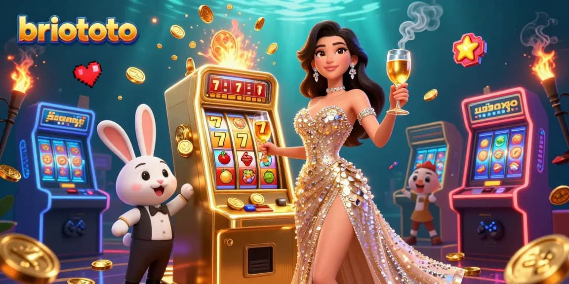 Briototo showcases excitement as a glamorous woman toasts near a golden jackpot slot machine.