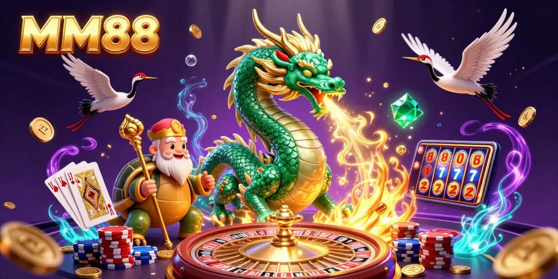 Experience the excitement of MM88 with a vibrant 3D casino scene featuring dynamic characters and game elements.