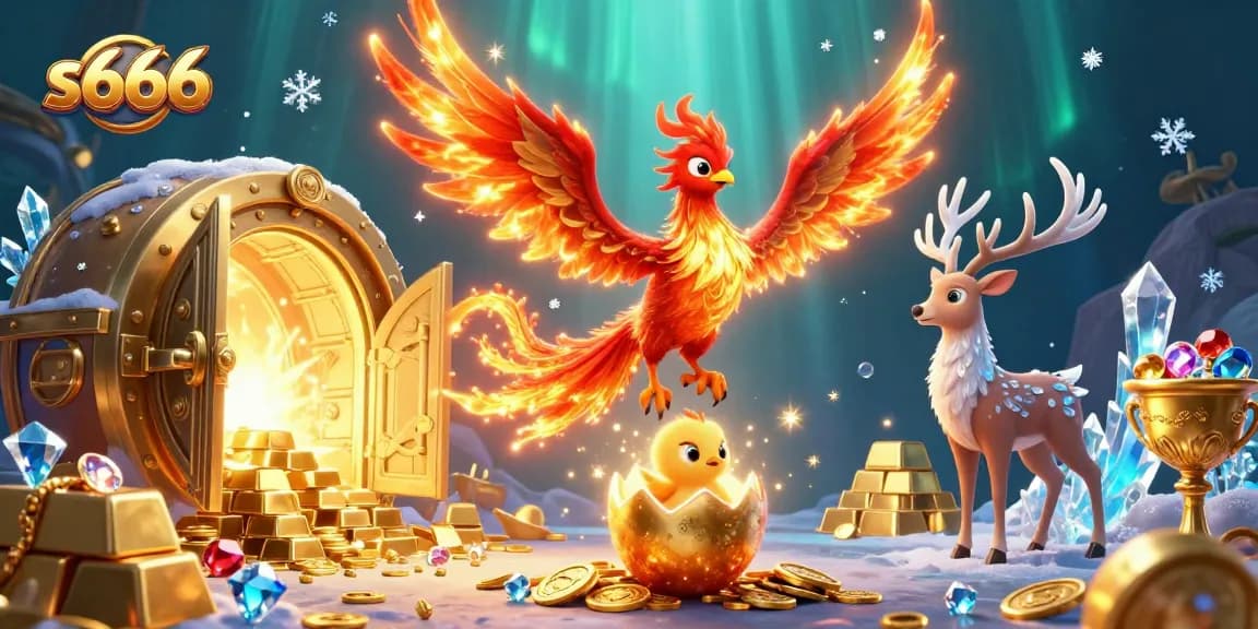 Experience ultimate excitement at s666 with a phoenix rising over treasure in a dynamic casino illustration.