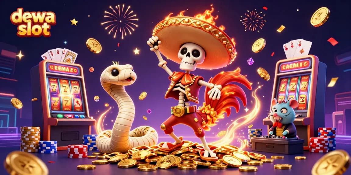 Dance celebration of a dewa slot scene with animated characters and vibrant casino symbols.
