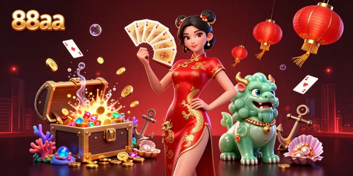 Engage with 88aa's thrilling gaming ambience featuring a woman and jade lion amidst underwater treasures.