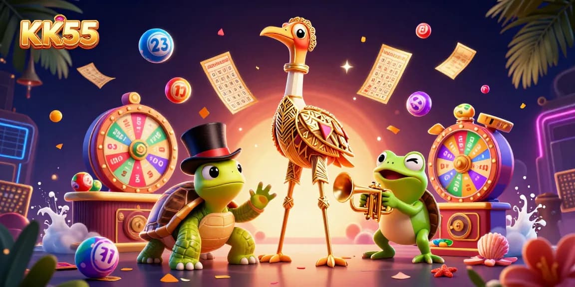 Engage with KK55 and enjoy vibrant gambling action surrounded by lottery elements, spinning wheels, and festive graphics.