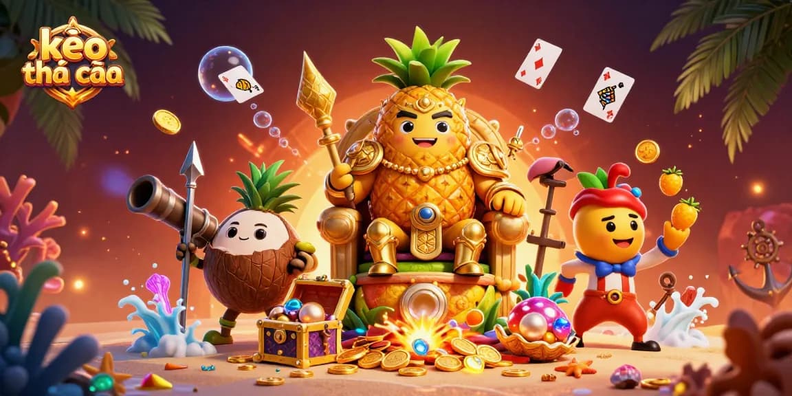 Engage with kèo nhà cái through a vibrant beach scene featuring a royal pineapple king and dynamic casino elements.