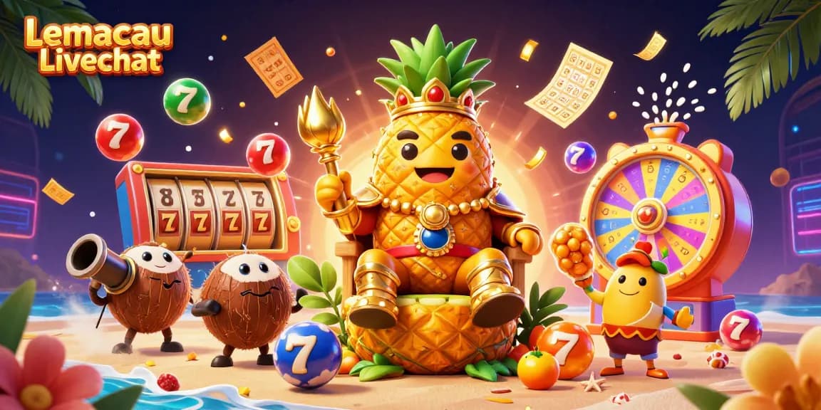 Join the excitement at Lemacau Livechat with vibrant slot reels and a golden pineapple king!