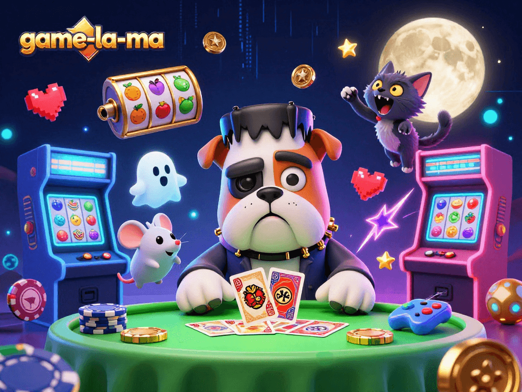 Engage with game-la-ma at a colorful, rich casino scene featuring a Frankenstein bulldog dealing cards.