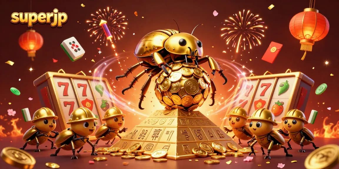 Experience the thrill of superjp with a vibrant casino scene showcasing golden beetles and jackpot reels.