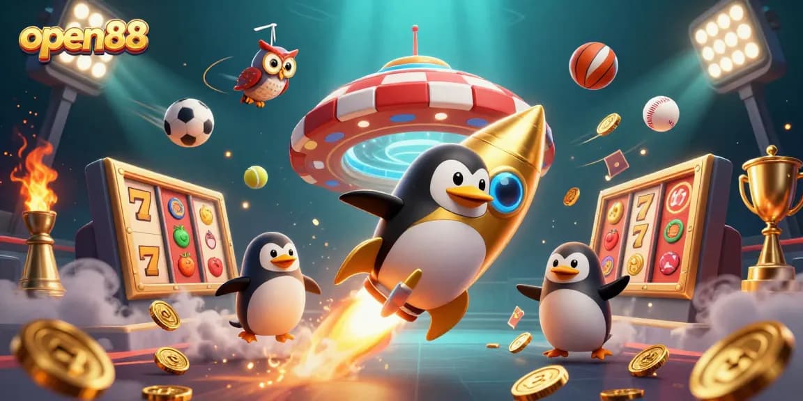 Experience the excitement of open88 with a golden penguin and casino elements in a dynamic 3D scene.