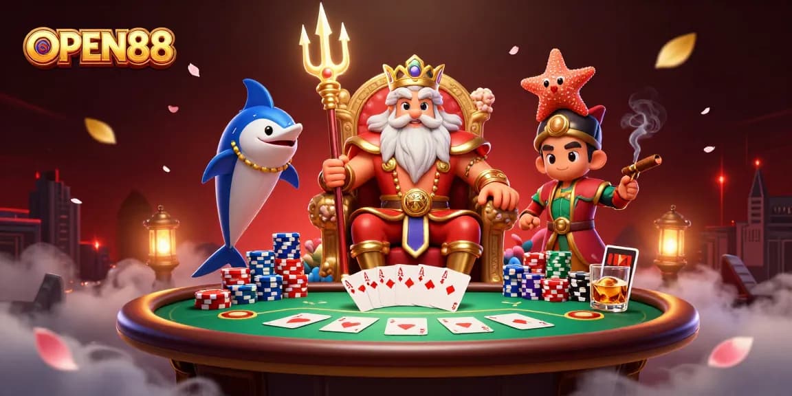 Engage with OPEN88 as Neptune oversees a vibrant poker scene filled with dynamic gaming elements.