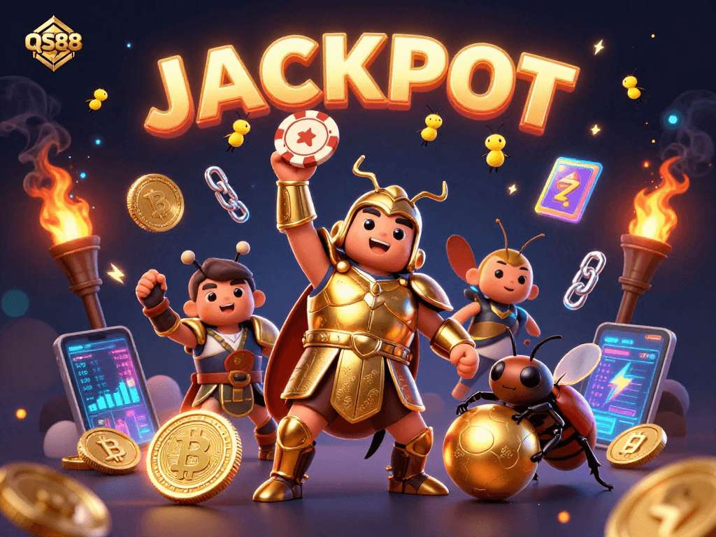 Win big at QS88 with vibrant casino games and exciting challenges in this dynamic illustration.