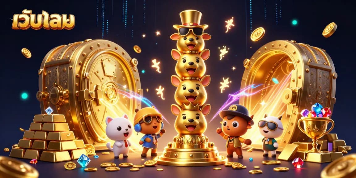 Bet on เว็บบอล with vibrant casino elements featuring a golden totem pole, gems, and treasures!