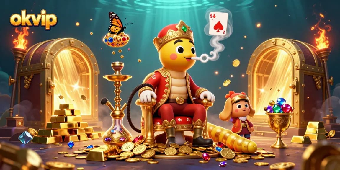 Experience okvip's vibrant casino adventure with a hookah-master and colorful treasures.