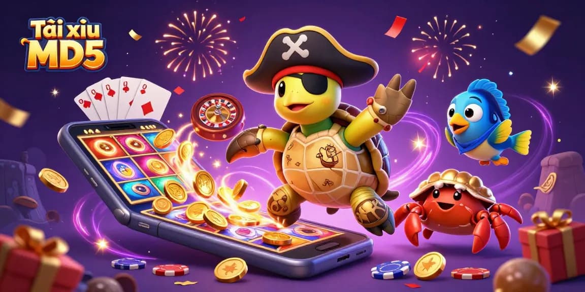 Immerse in Tài xỉu MD5 gaming with a vibrant casino scene featuring a pirate turtle, golden crab, and colorful slot game elements.