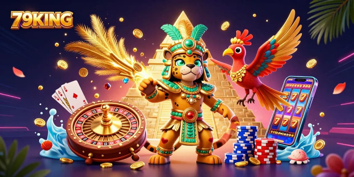 Spin and win with 79KING in this vibrant casino scene featuring a Mayan jaguar priest.