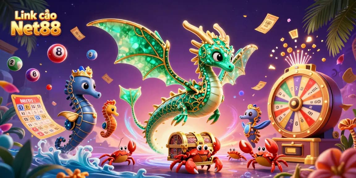 Experience the thrill of winning at Link vào Net88 with a vibrant casino scene featuring a sea dragon and treasure.